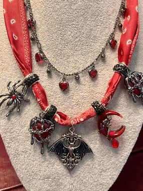 Red Gothic Bat & Charm Necklace Set